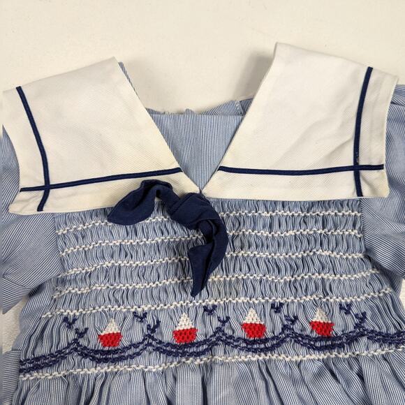 Vtg Polly Flinders Dress Girls Sz 2T Blue Pinstripe Sailor Sailboat Smocked 80s - Picture 2 of 4